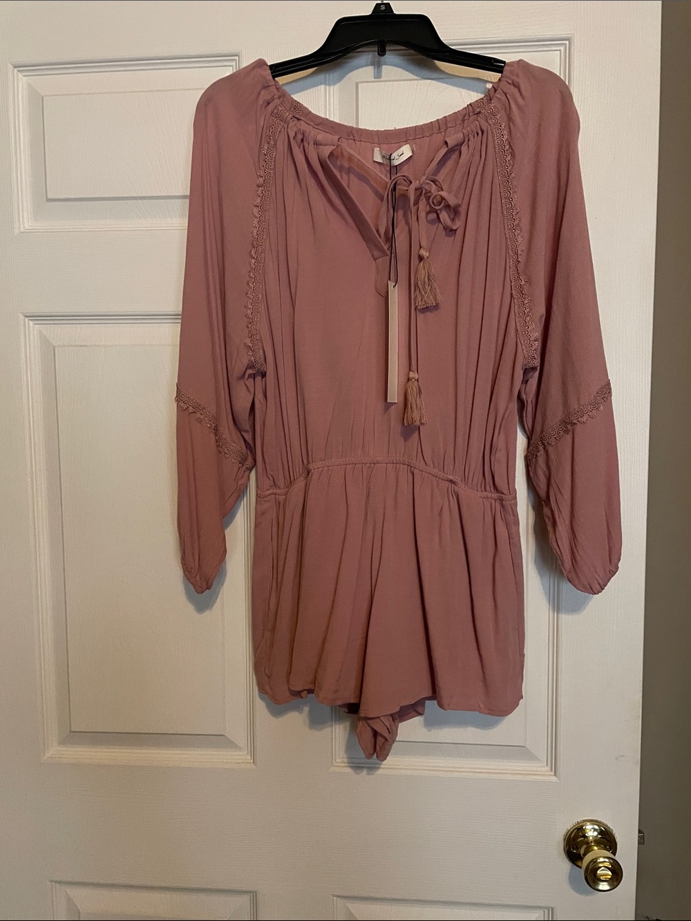 Mustard Seed Mauve Pink Peasant Romper with Tassel Tie